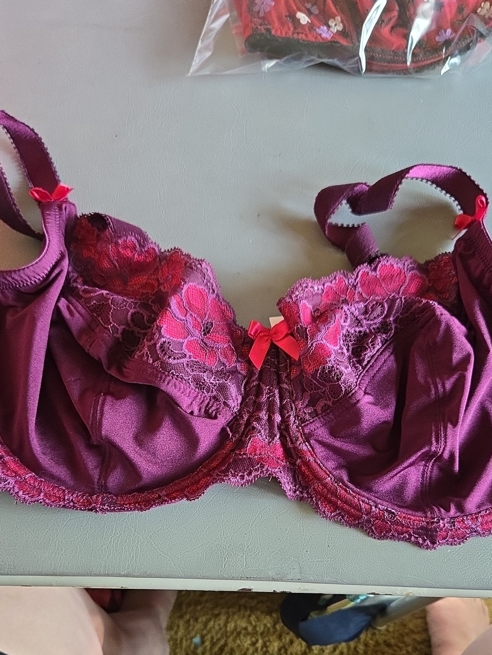 Adore Me Plum Lace Underwire Bra with Pink Accents